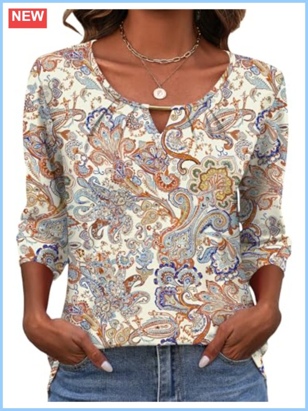 Womens 3/4 Sleeve Pleated Blouse Gold Clasp Business Casual Top